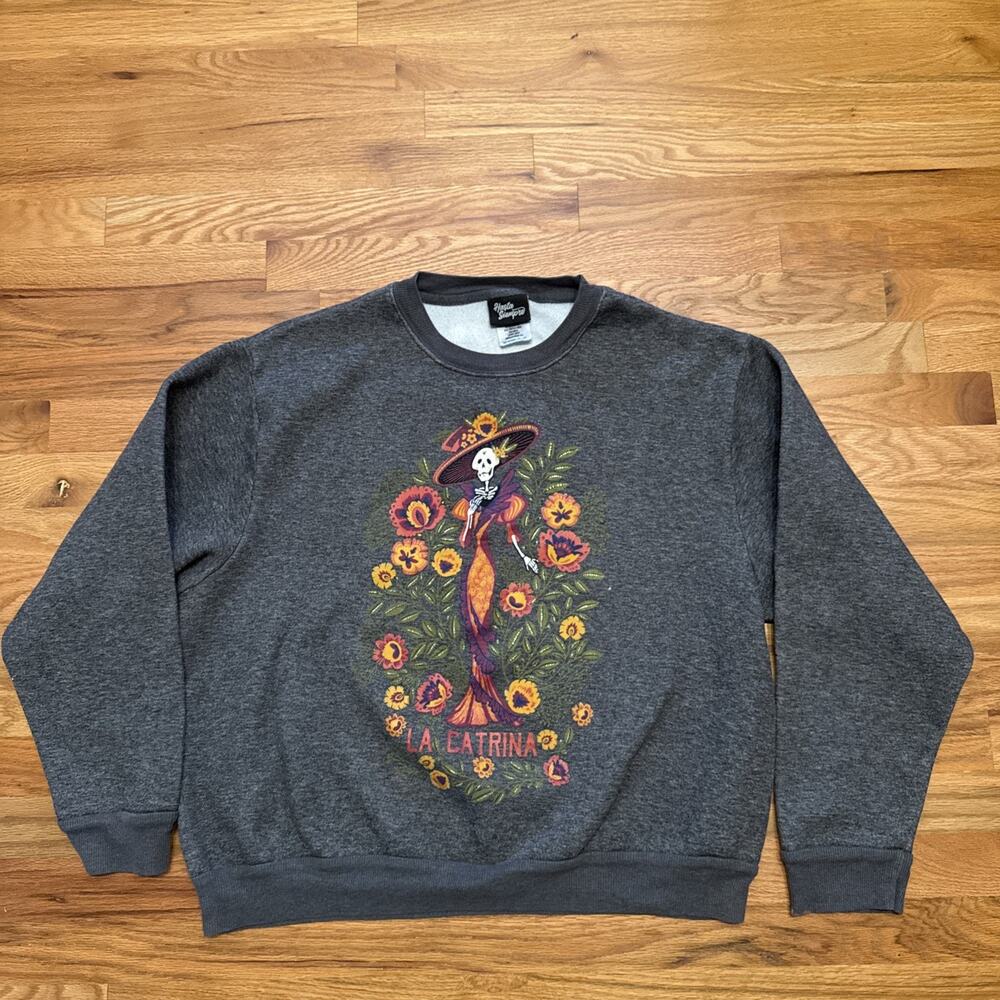 Hasta Siempre Womens Sweatshirt XL Gray La Catrina Graphic Pullover Sweater